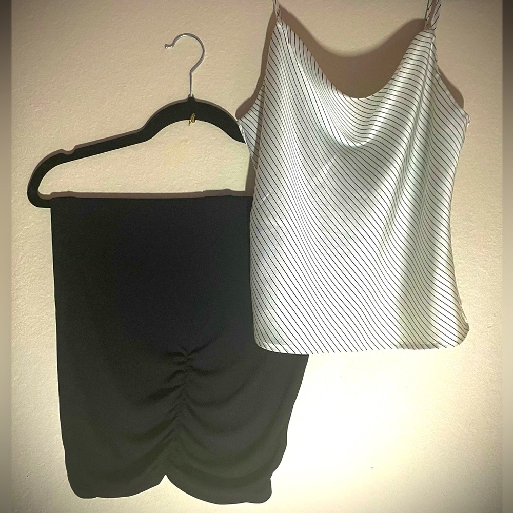 Fitted Black Skirt over the knee, silk white cami with thin black pin stripes